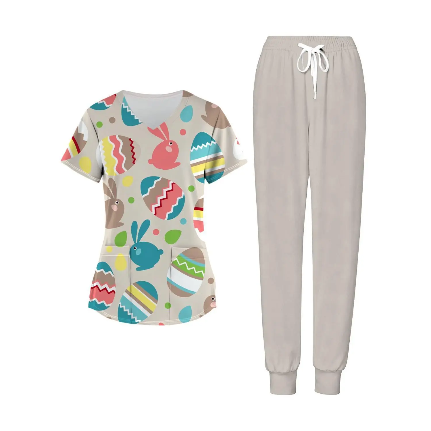 Easter Bunny & Egg Design Women's Beige Two-Piece Set: V-Neck Top and Pants, Perfect for Easter and Ideal for Scrubs