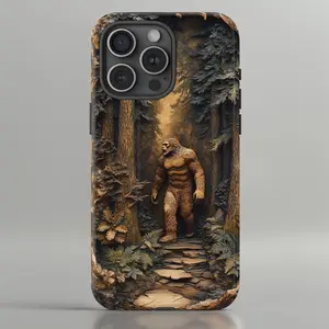 Bigfoot in the Woods Hand-Carved Wood Effect Phone Case - UV Printed- Case Phone for Men (Women), Tough Case - MagSafe Tough Case - Case for iP 16 15 14 13 12 11 X Promax Plus - S25 S24 S23 S22 S21 Ultra
