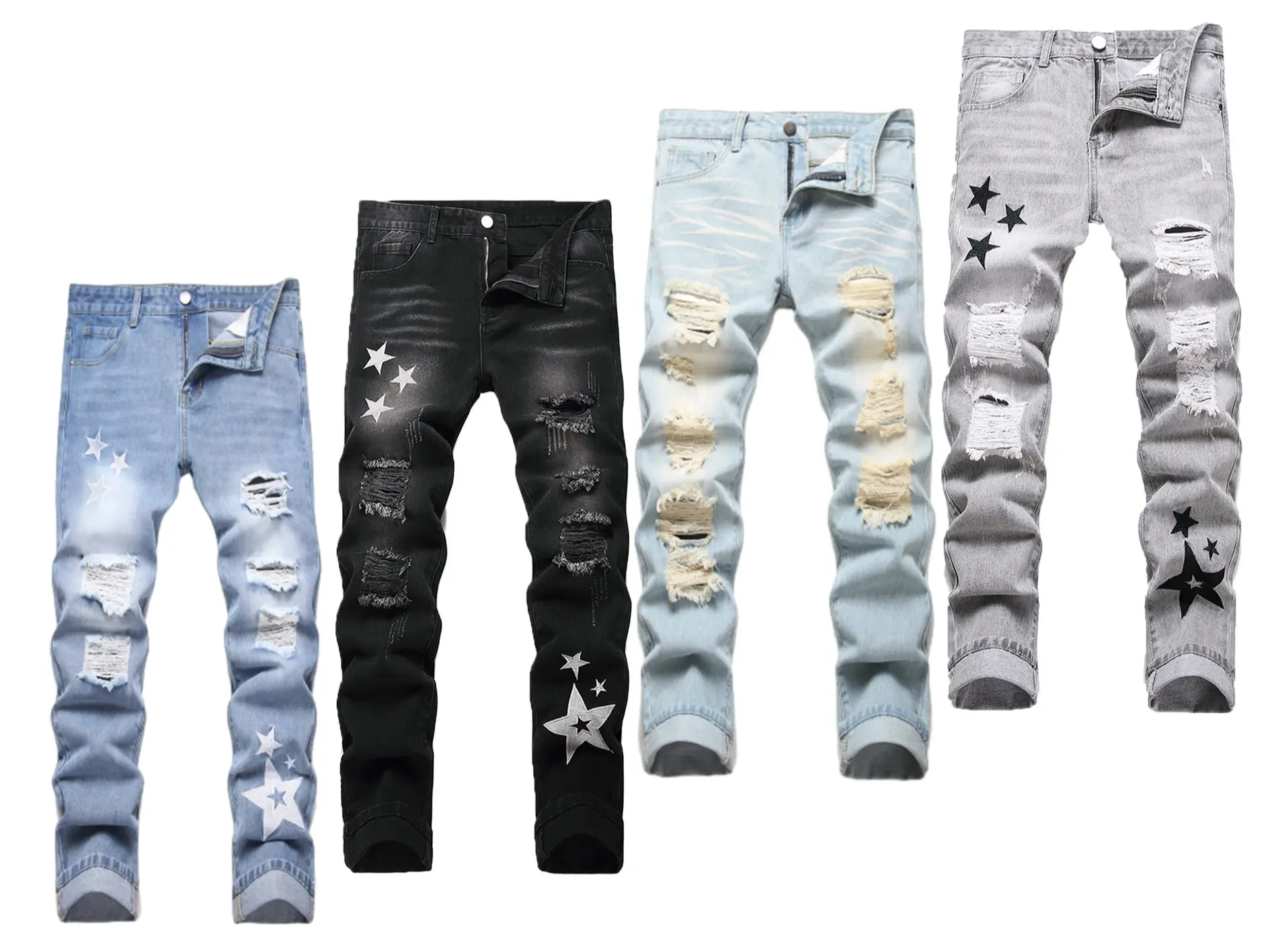 Men's Stretch Embroidered Ripped Slim-Fit Straight-Leg Menswear Jeans - 4-Season Comfort, Festival Vibe, Vintage Washed Denim Pants (Black, Light Blue, Dark Blue, Gray) Streetwear Distressed
