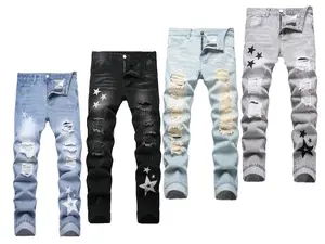 Men's Straight-Leg Ripped Jeans Four Seasons Comfortable Casual Black light blue dark blue gray Slim Fit Vintage Pantalones Para Hombre Washed Denim Pants in Various Colors