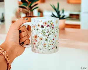 Pressed Flowers Mug, Boho Wildflowers Cottagecore Coffee Mug, Vintage Botanical Tea Cup, Pastel Floral Nature Mug, Flower Garden Lover Gift