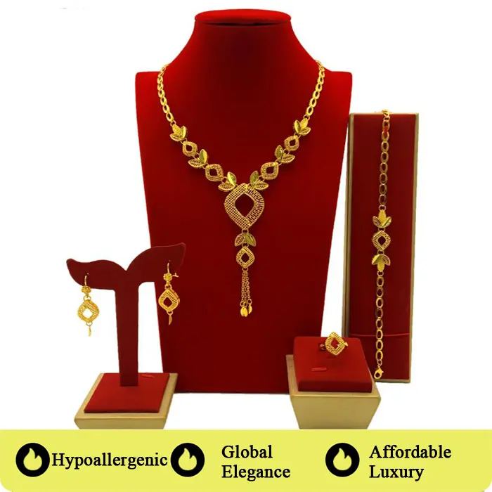 Women's Fashionable 4-Piece Gold-Plated Copper Alloy Jewelry Set - Necklace, Geometric Drop Earrings, Bracelet, Ring - 4-pc Set Styling, Extension Chain Fit, Gold Aesthetic, Elegant - for Dubai Weddings, Daily Wear