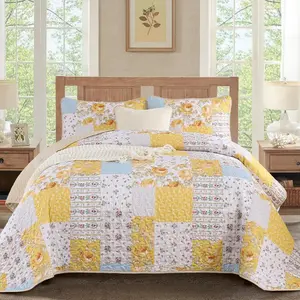 Yellow Patchwork Quilt Set  Size Boho Floral Plaid Bedspread Coverlet Set, Soft Microfiber Bedding Set Summer Bed Cover, Yellow & Blue Patchwork Farmhouse Bedspread for  Season