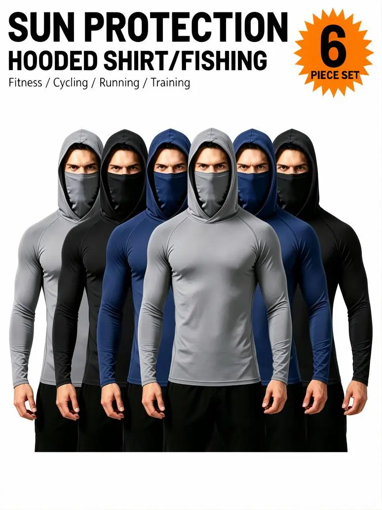6 Pack Men's Cooling Hoodie Sun Shirts with Face Mask, Lightweight Long Sleeve UPF Compression Fit Tops, Breathable Quick-Dry Fabric for Outdoor Work, Breathable Workout Shirt, Athletic Training Apparel, Fitness Exercise Wear, Sun Protection