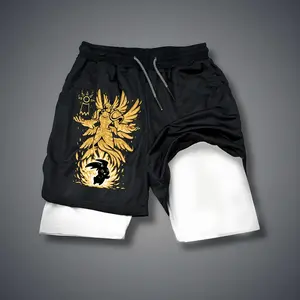 Digimon  Anime 80s 90s Double-Layer Sports Shorts Graphic Shorts Black Camo Streetwear Shorts Men Outfits Men Vacation Outfits Shorts