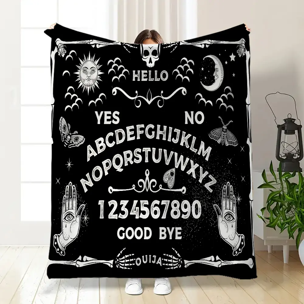 Ouija Board Throw Blanket, Retro Goth Spirit Board Print Soft Flannel, Breathable Durable Occult Lovers Gift, Machine Washable Bedroom Decor for Halloween