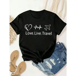1pc Women Clothes Love Travel Print Black TShirt, Unisex Casual Crew Neck Tshirt, Machine Washable, For SpringSummerFall, Halloween, Christmas, Valentine's Day