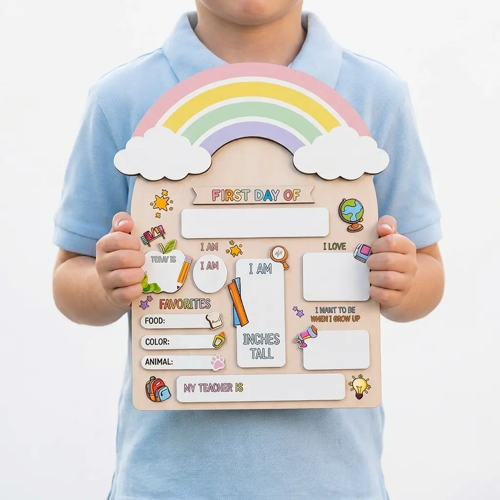 Personalized Kids' Reusable Wooden Dry-Erase First/Last Day Sign - Milestone Keepsake Board, Photo Prop, Preschool/Kindergarten/1st Grade Plaque, Home Decor Gift for School Supplies with Fill-In Sections, Photo Props