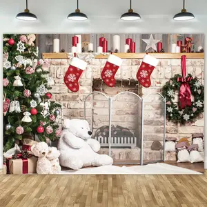 2D Flat Festive Merry Christmas backdrop Party Banner Holiday Decoration Fireplace Scene Background Cloth