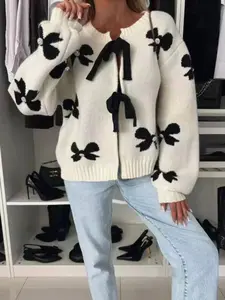 Women's Bow Print Tie Front Drop Shoulder Cardigan, Casual Long Sleeve Knit Outerwear for Fall & Winter, Fashion Ladies' Knitwear for Daily Wear