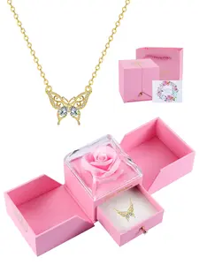 18k Gold Plated Hypoallergenic Hollow Butterfly Necklace With Rose Jewelry Gift Box, Dainty Butterfly Charm Trendy Necklace, Birthday Christmas Valentine's Day Jewelry Gift for Women