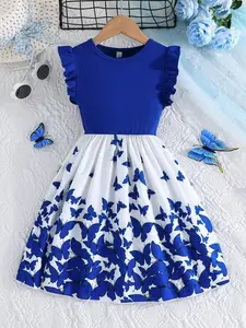 Girls Elegant Floral Print Splice Cap Sleeve Ribbed Casual Dress For Summer