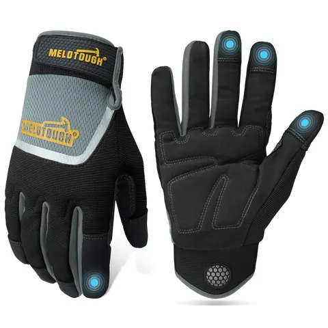 MELOTOUGH Men's One Size Heavy-Duty Mechanic Work Gloves - Touchscreen Safe, Non-Slip Grip, Wear-Resistant, Adjustable Secure Wrist, Breathable Mesh, Extra Protection, Reflective Strips, for Carpentry, Outdoor Tasks