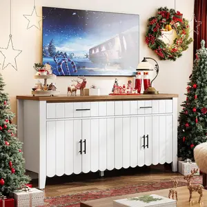 ONBRILL 63 Inch Buffet Cabinet with Storage, Sideboard Buffet with 4 Doors and 2 Drawers, Credenza Storage Cabinets w/Adjustable Shelves, Wave Panel, Coffee Bar for Living Room, Kitchen