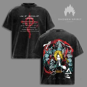 Edward & Alphonse Fullmetal Alchemist Vintage Washed Oversized T-Shirt, Double Printed Heavy Cotton Anime Tee, Manga Streetwear Graphic Top for Otaku Fans