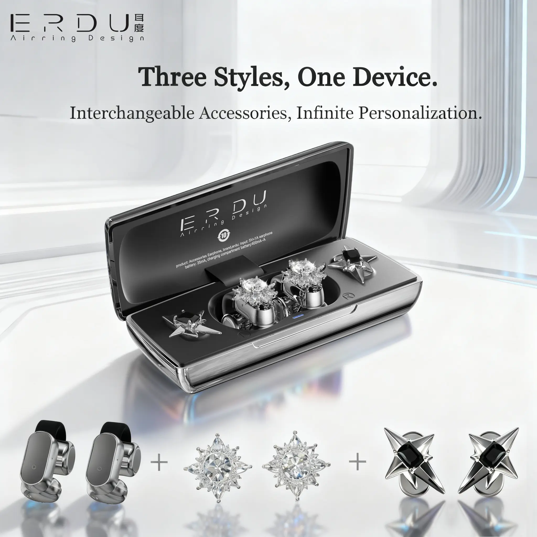 ERDU Air Note Wireless Earbuds with Interchangeable Ear Clips, Gift Idea, Couple Christmas Gifts, Last Minute Gift, Fashion Bluetooth 6.0 Headphones for Women, Customizable Comfort Fit, 30h Playtime for Gym, Travel & Daily Use, Ideal Gift for Men Women