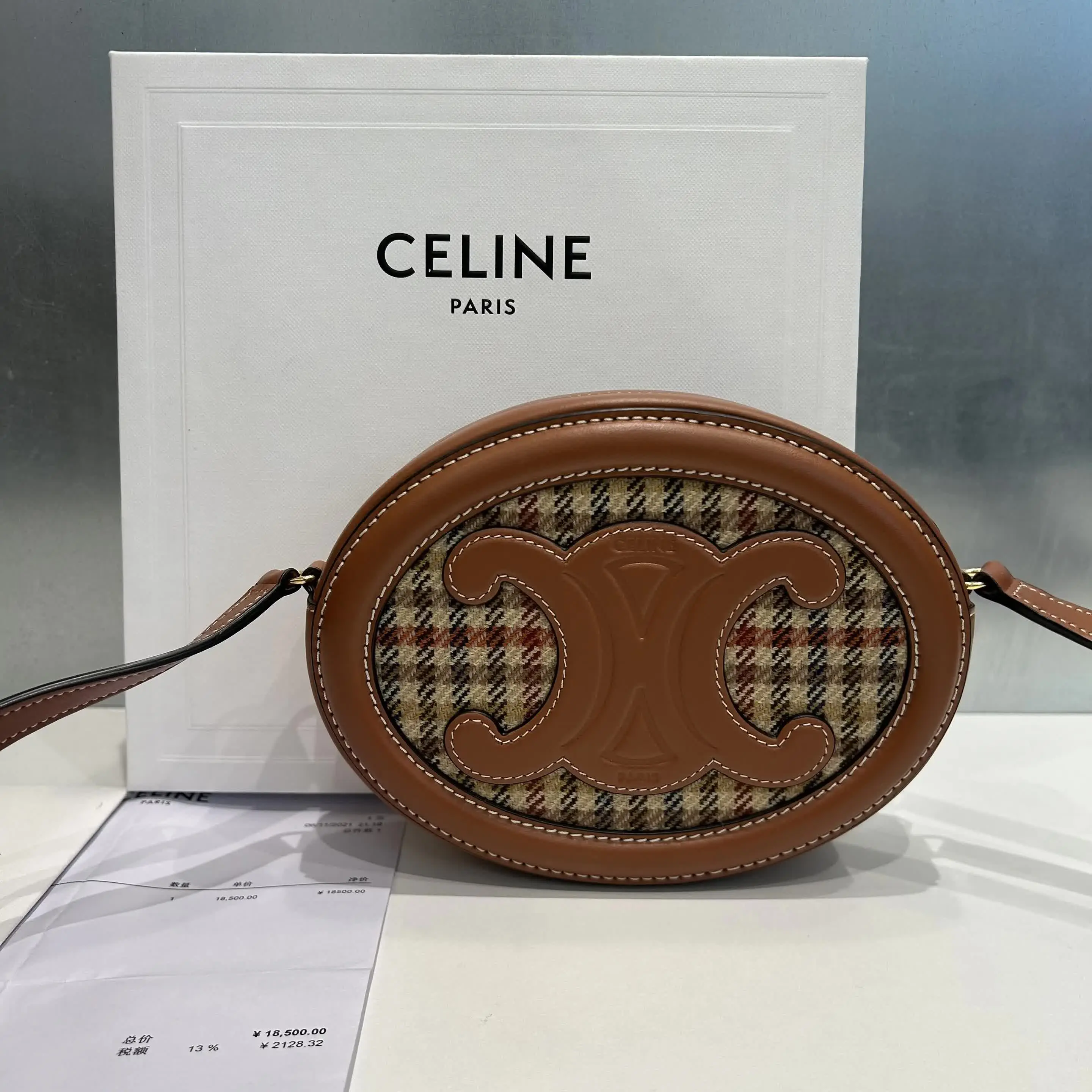 Pre-owned Celine leather Crossbody Bags Triomphe Oval Crossbody Bag Plaid Tweed & 49495224