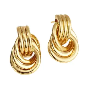 14K Gold-Plated Women's Knot Earrings Gold Double Hoop Studs with Heart-Shaped Pendant Chunky Gold Knot Unique Jewelry Gift for Her