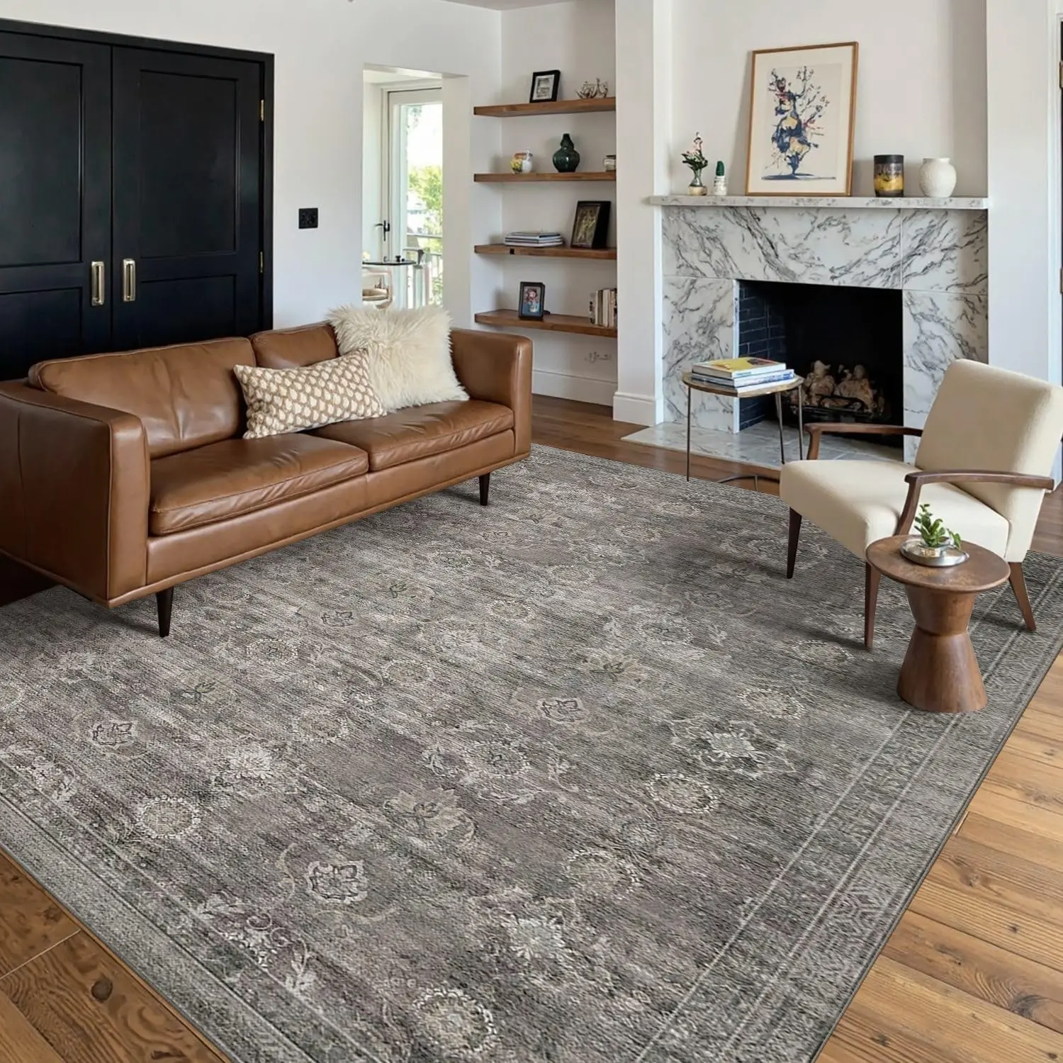 Area Rugs 5x7 Washable Rug for Living Room Bedroom Dorm, Taupe/Grey| Non Slip, Rug for Dining Kids Room Office Farmhouse, Stain Resistant, Soft, Vintage Boho Retro Carpet, Low Pile, Home Decor