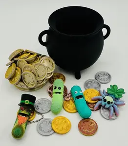 Lucky Irish Leprechaun Keychain Pot-o-Gold - with 3 Pickle Keychains and a Lucky Clover Spider