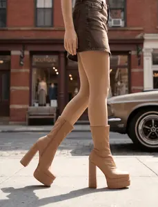 Women's 5.5 Inch Double Platform Block Heel Ankle Boots, Stretch Fabric Square Toe Side Zip Chunky Heel Booties