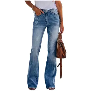 Women's Stretch Denim Flared Pants Jean Womenswear Zipper Bottom Polyester Solid Viscose Streetwear Cotton baggy jeans 90s outfits jeans under 50 perfect fit jeans Trouser Bright Steel Blue stacked jeans bootcutjeans bootcutjeans mom jeans purple jean