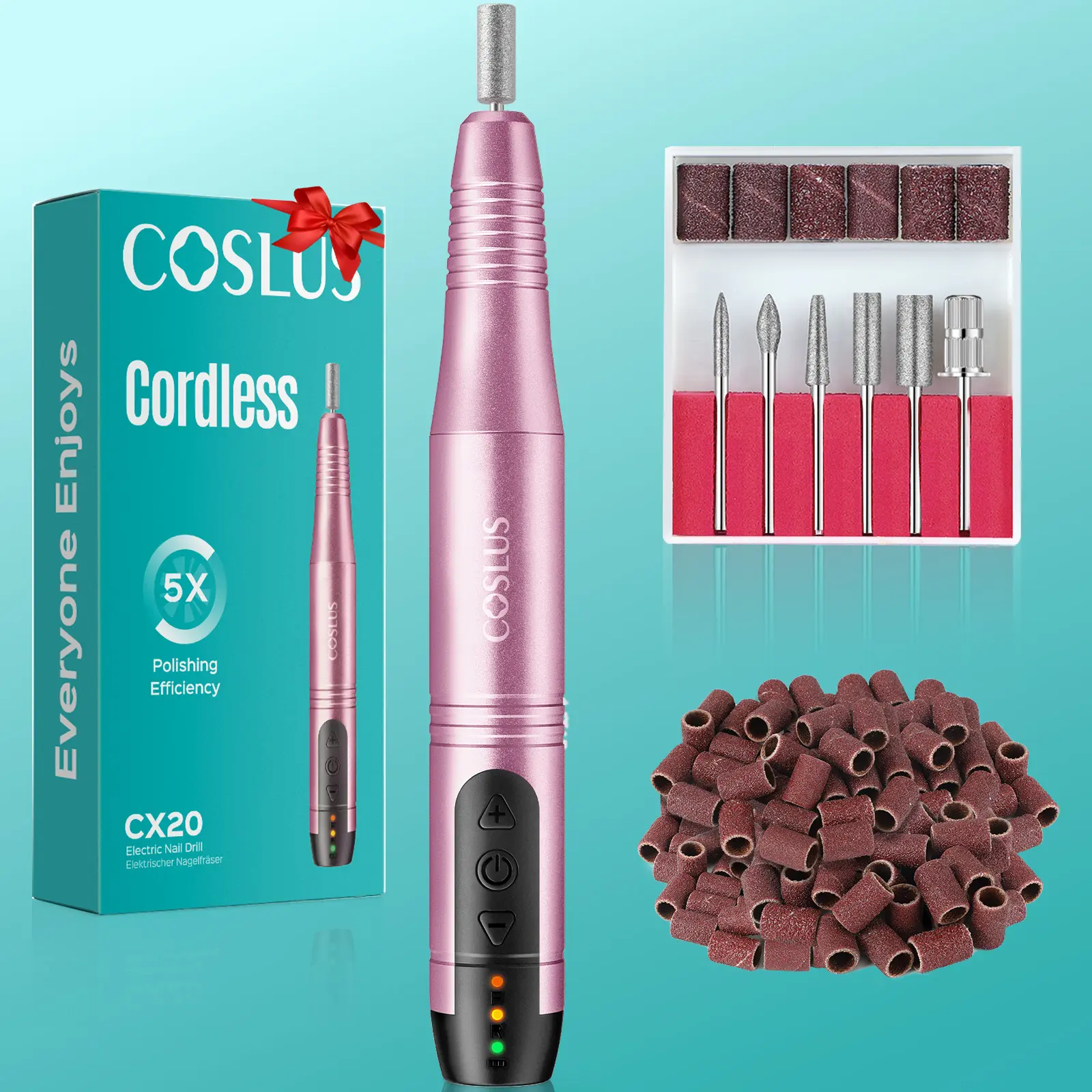 COSLUS C20 Professional Electric Nail Drill Kit, Lightweight & Cordless E-File with 6-Hour Battery, Adjustable Speeds & 6 Bits for Acrylic, Gel, Powder Nails, Gift