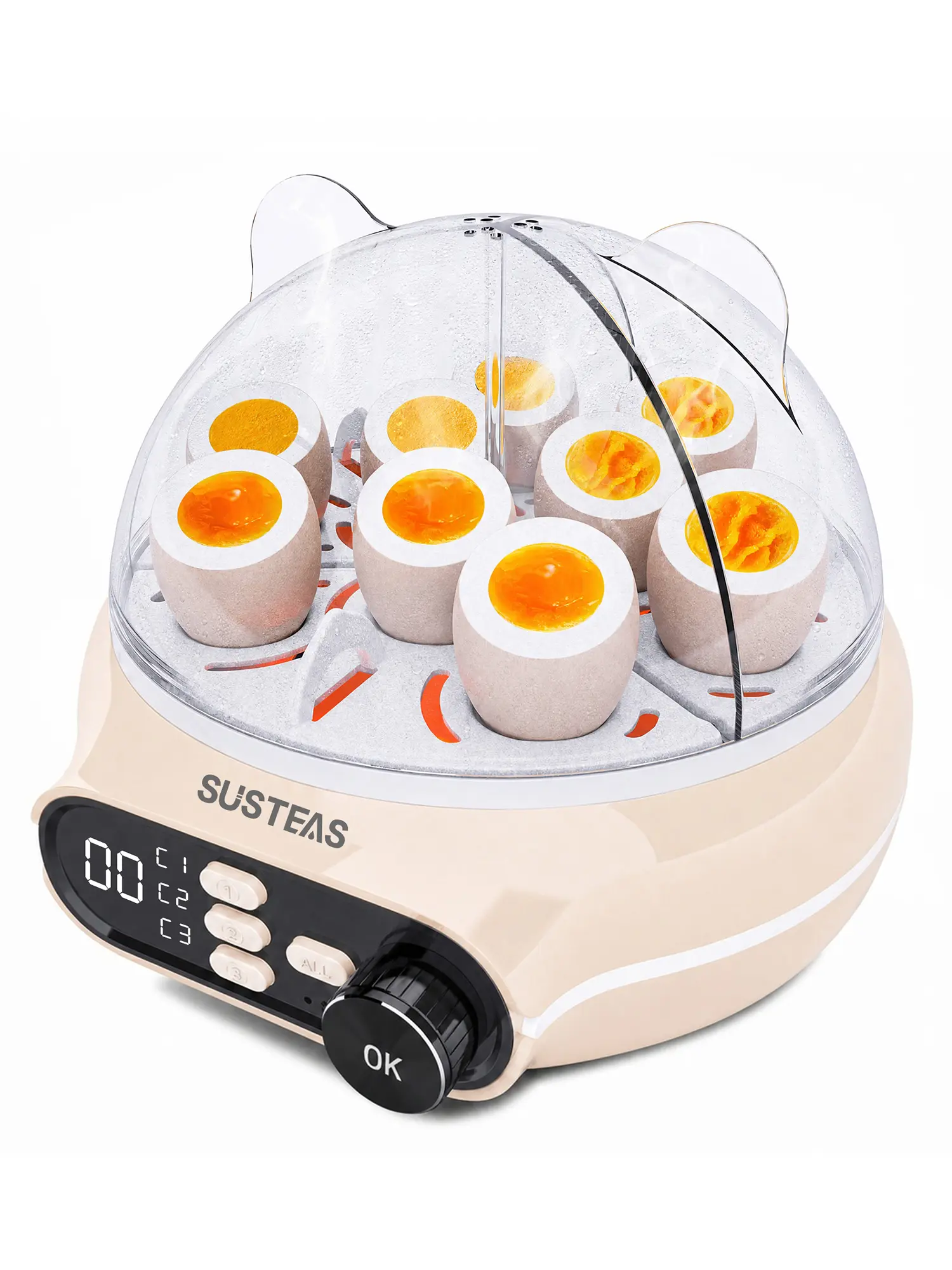 SUSTEAS Countertop Egg Boiler - 3 Independent Cooking Zones, 9-Piece Large Capacity, Pre-Set Timing, Voice Reminder, Energy-Saving Design, Egg & Milk Pudding Tray, Versatile Doneness Settings for Family Breakfast, Countertop Egg Boilers summerwins