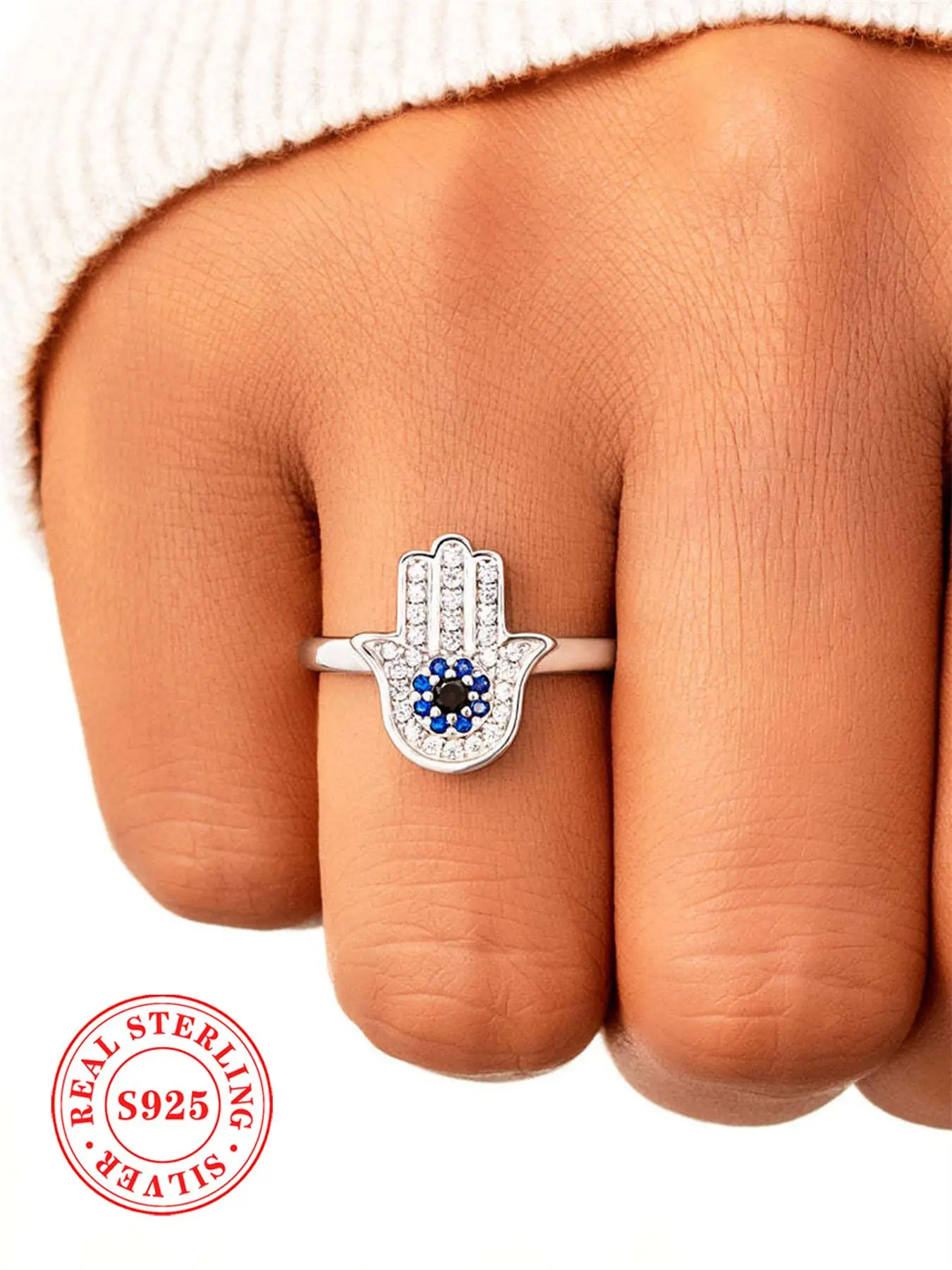 925 Sterling Silver Fashion Hamsa Hand Design CZ Decor Ring, Fashion Jewelry for Party, Daily Clothing Decor, Trendy Exquisite Jewelry for Birthday Gi