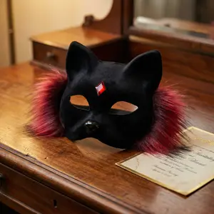 Therian Faux Fur Fox Cat Half Face Mask with Gems, Realistic Plush Long Furry Animal Costume, for Halloween Christmas Masquerade Cosplay Party Carnival, Women Men Adult Accessory paperwhite christmas gift Romantic Set Red Balloon Arch bachelorette bags