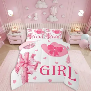 Girls Bowknot Comforter Set African Pink Cactus Down Comforter Western Cowgirl Bedding Disco Ball Love Heart Quilt Unique Design Twin Microfiber Full