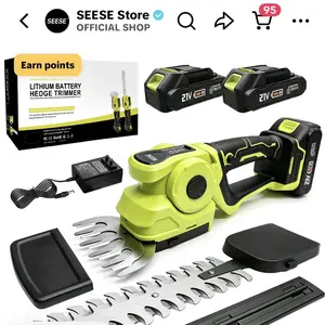 SEESE Electric Hedge Trimmer Cordless, 2-in-1 Handheld Grass Shears & Bush Trimmer, Adjustable Machine Head, 2 Rechargeable Batteries and Charger for Garden & Lawn