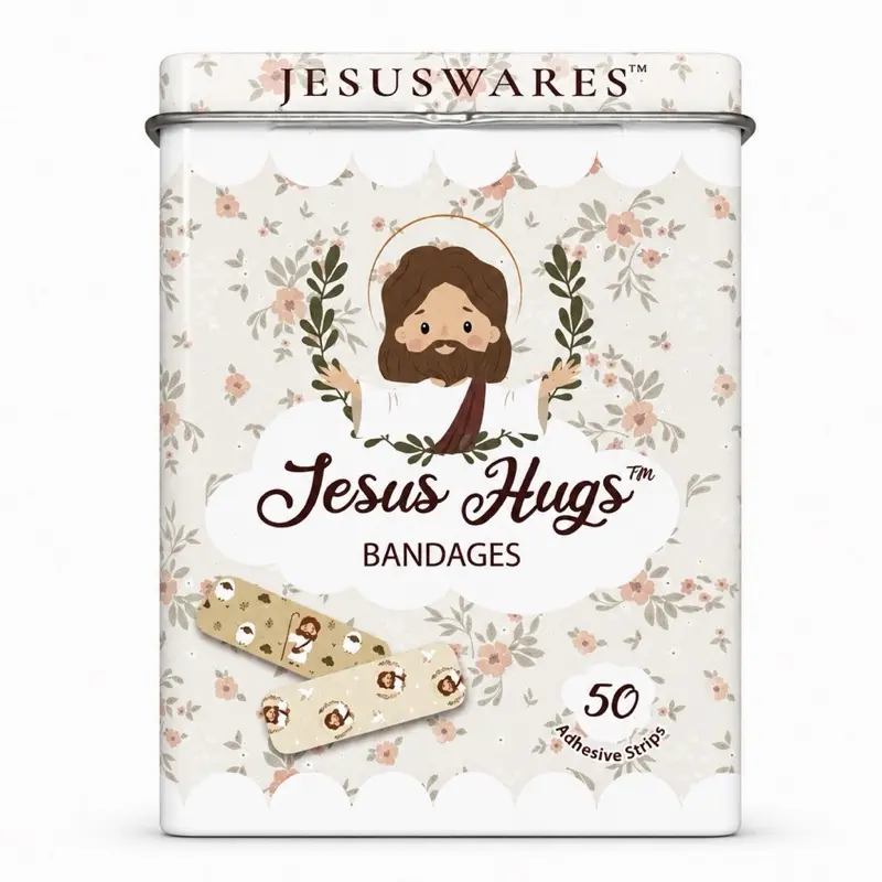 Jesus Hugs Bandages - 50 Sterile Adhesive Strips with 5 Designs -Jesus Kids Bandaids-, Latex-Free & Water Resistant, Safe for Children & Adults, 3.75" x 2.75" x 1" Size Aid Healthcare
