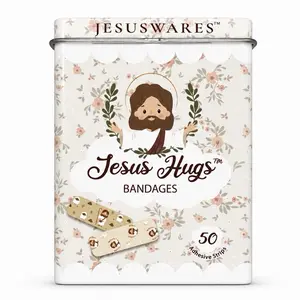Jesus Hugs Bandages - 50 Sterile Adhesive Strips with 5 Designs -Jesus Kids Bandaids-, Latex-Free & Water Resistant, Safe for Children & Adults, 3.75" x 2.75" x 1" Size Aid Healthcare