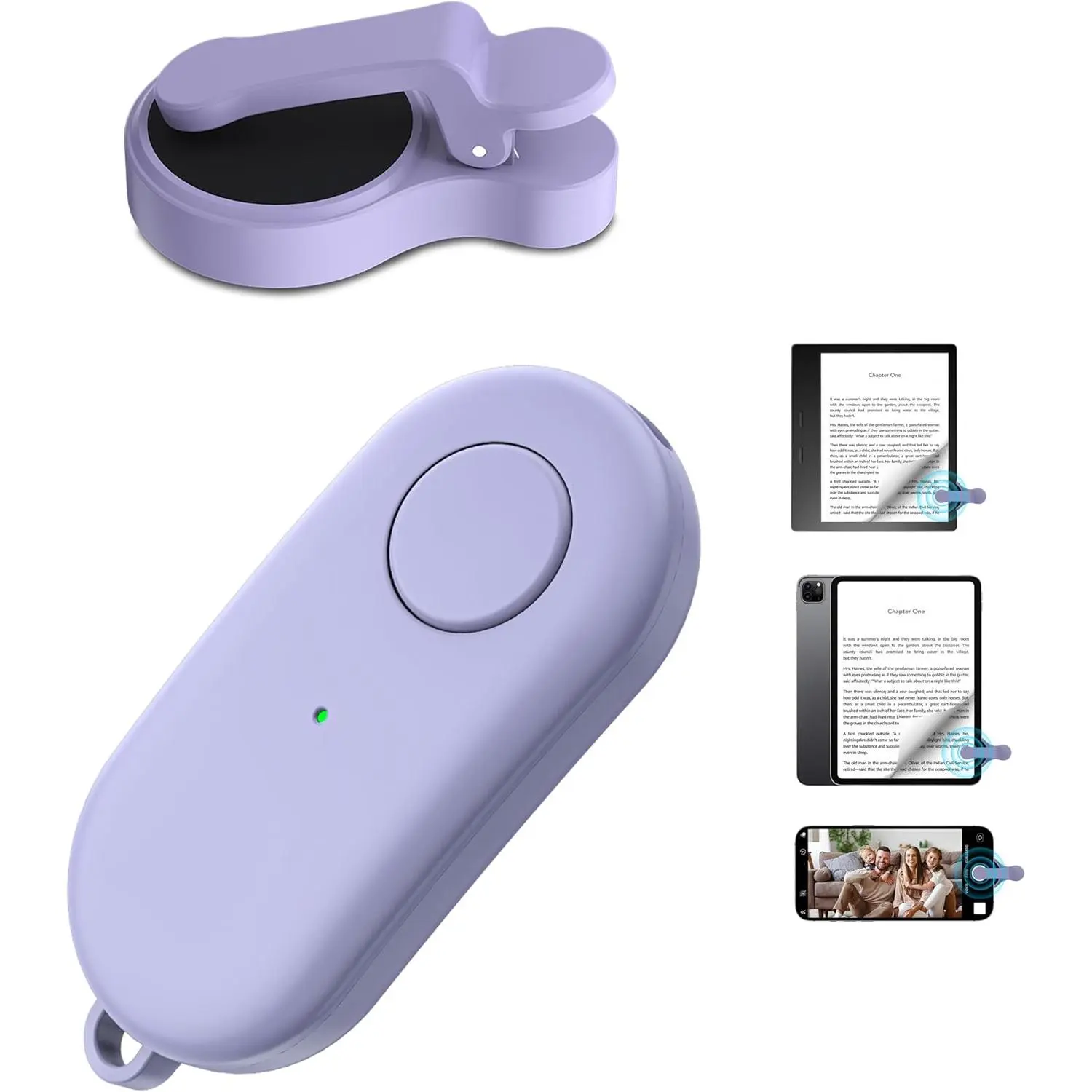 L-RDC002 RF Wireless Clip Page Turner Controller - Capacitive Touch Screen Device with Mute Button, Compatible with Kindle, Kobo, iPad, Android Tablets, iPhone, Surface for Reading, Camera Shutter Selfie (Purple)