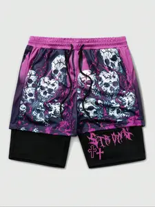 Men's Gothic Skull Print Shorts, Casual Fitted Summer Sport Pants with Letter Detail, Loose Fit Halloween-Themed Gym Wear, Breathable Printed Shorts, Funny Sports Shorts