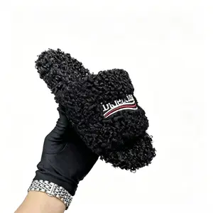 Women's Black Curly Faux Fur Slide Slippers, Embroidered Logo Open Toe Fluffy Shear ling House Slippers, Non-Slip Soft Warm Cozy Indoor Outdoor Plush Slippers for Fall Winter fuzzy slides teddy bear slippers