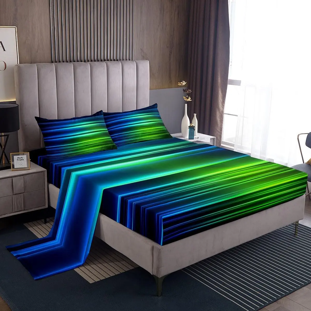 Blue Green Ombre Sheet Set,Blue Green and Black Sheets with Deep Pocket Fitted Sheet,Gradient Lines Geometric Abstract Ombre Bed Sheets Set, Breathable Durable Sheets, Complete Sheet Set