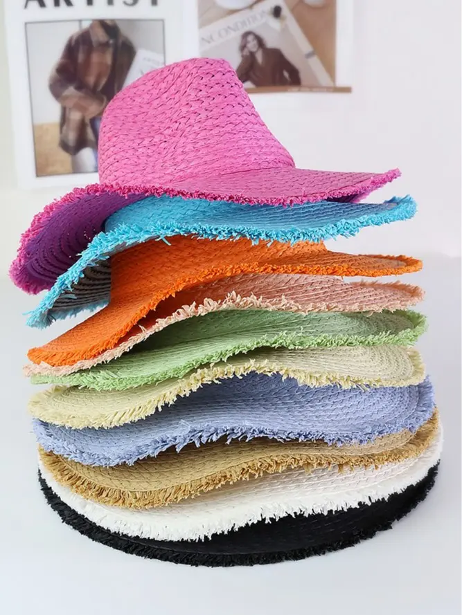 Women's Frayed Solid Straw Panama Fedora Paper Summer Wide Brim Sun Hat