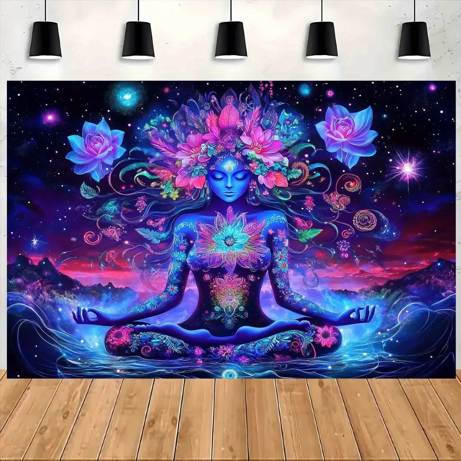 [Indoor/Outdoor Party Decor] 1pc Vibrant UV Reactive Chakra for Lotus Tapestry - Cosmic Meditation Design with Stars, Planets &   Perfect for Indoor/Outdoor Party Decor, Spiritual Ambiance & Calm Environment, Outdoor Backdrop |   Chakra Artwork |