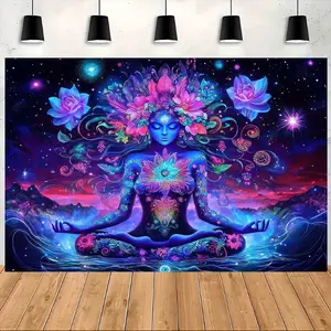 [Indoor/Outdoor Party Decor] 1pc Vibrant UV Reactive Chakra for Lotus Tapestry - Cosmic Meditation Design with Stars, Planets &   Perfect for Indoor/Outdoor Party Decor, Spiritual Ambiance & Calm Environment, Outdoor Backdrop |   Chakra Artwork |