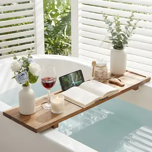Wooden Bathtub Tray with Expandable Design, Durable Solid Wood, Adjustable Fit