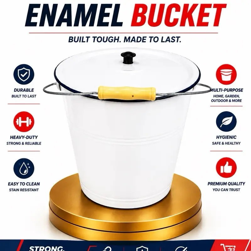 Heavy-Duty Enamel Utility Bucket with Cover & Wooden Grip Handle Heavy-Duty Enamel Utility Bucket with Cover & Wooden Grip Handle