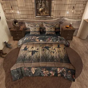 7 Piece Camo Mallard Comforter Set with Sheets for Kids Boys Men Rustic Farmhouse Cabin Bed in A Bag King,Hunting Woodland Bedding Set Wood Board Animal Bed Set