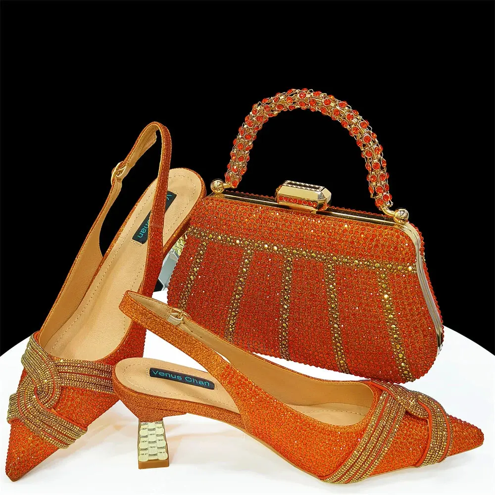 Embellished Heels & Orange Matching Bag Set – Crystal Butterfly-Knot Slingback Pumps for Wedding & Party