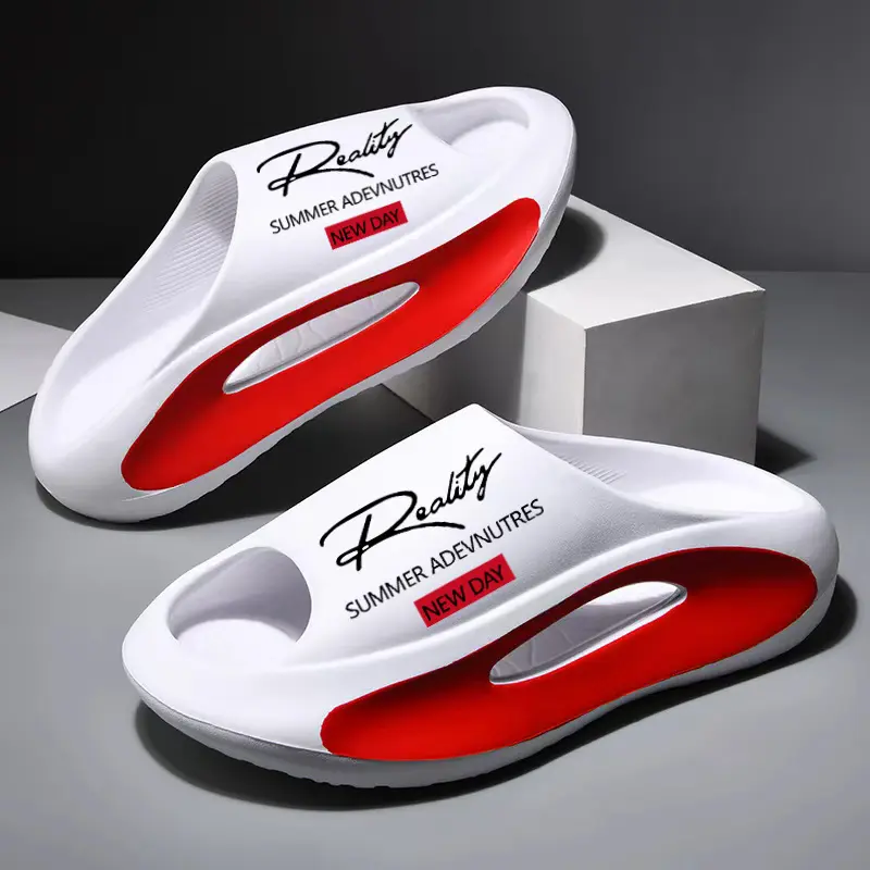 Unisex Minimalist Slip-On Ankle Slippers - Reality Letter Print, Hollow Platform, Cushioned EVA, Anti-Slip Wet Floor Grip, Cloud Bouncy Recovery, Waterproof Quick Dry, Airy Suspended Design, Athletic Summer Footwear for Beach, Party