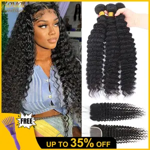 12A Deep wave human hair bundles loose deep wave bundles with 4x4 closure human hair Free part 100% Unprogressed human hair wet and wavy bundles with closure natural color