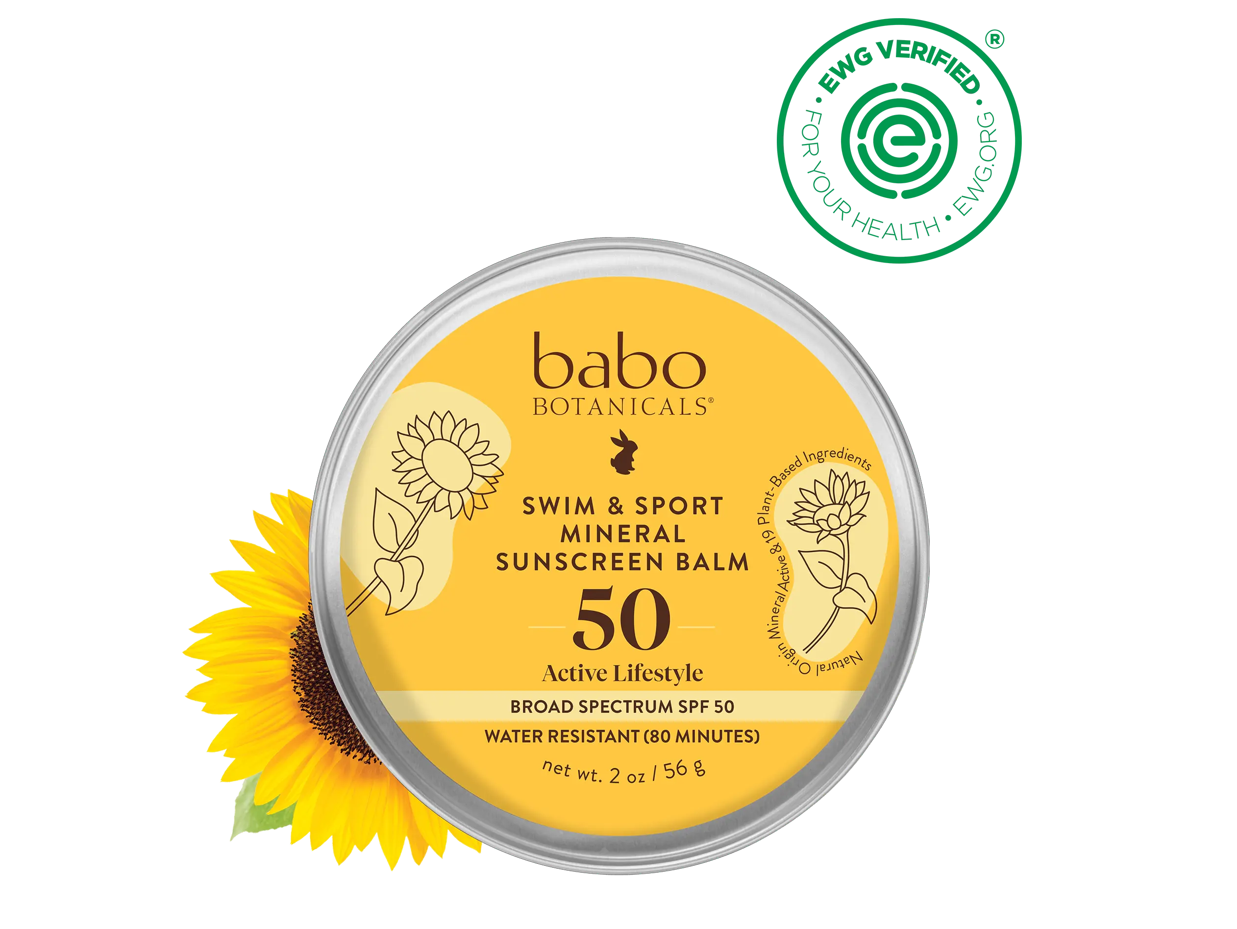 Babo Botanicals Swim & Sport Mineral Sunscreen Balm SPF 50 – Made with Plant-Based Ingredients – Water Resistant (80 Minutes) – EWG Verified – 2 oz (56 g)