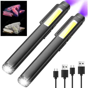 2 count Rechargeable LED Pen Light with 365nm UV Black Light, COB EDC Pocket Flashlight with Clip & , Small  for Inspection, Repair, Camping & Fluorescent Detection