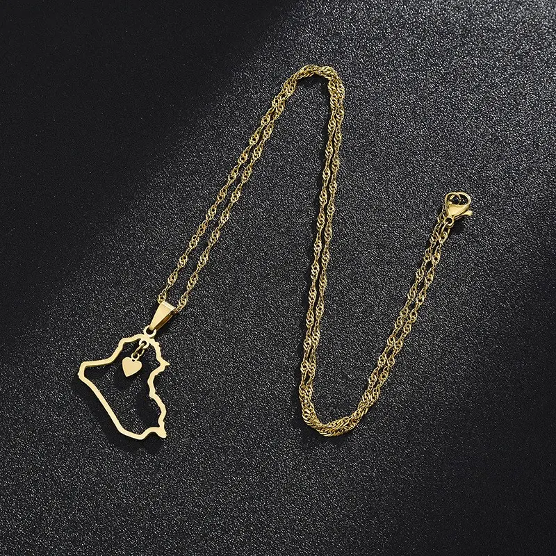 Gold Iraq Map Necklace with Heart Pendant | Stainless Steel Outline Chain | Middle Eastern Jewelry Gift for Women & Men | Travel Souvenir, Iraqi Pride, Cultural Heritage Necklace | Durable, Stylish & Meaningful Accessory for Everyday Wear